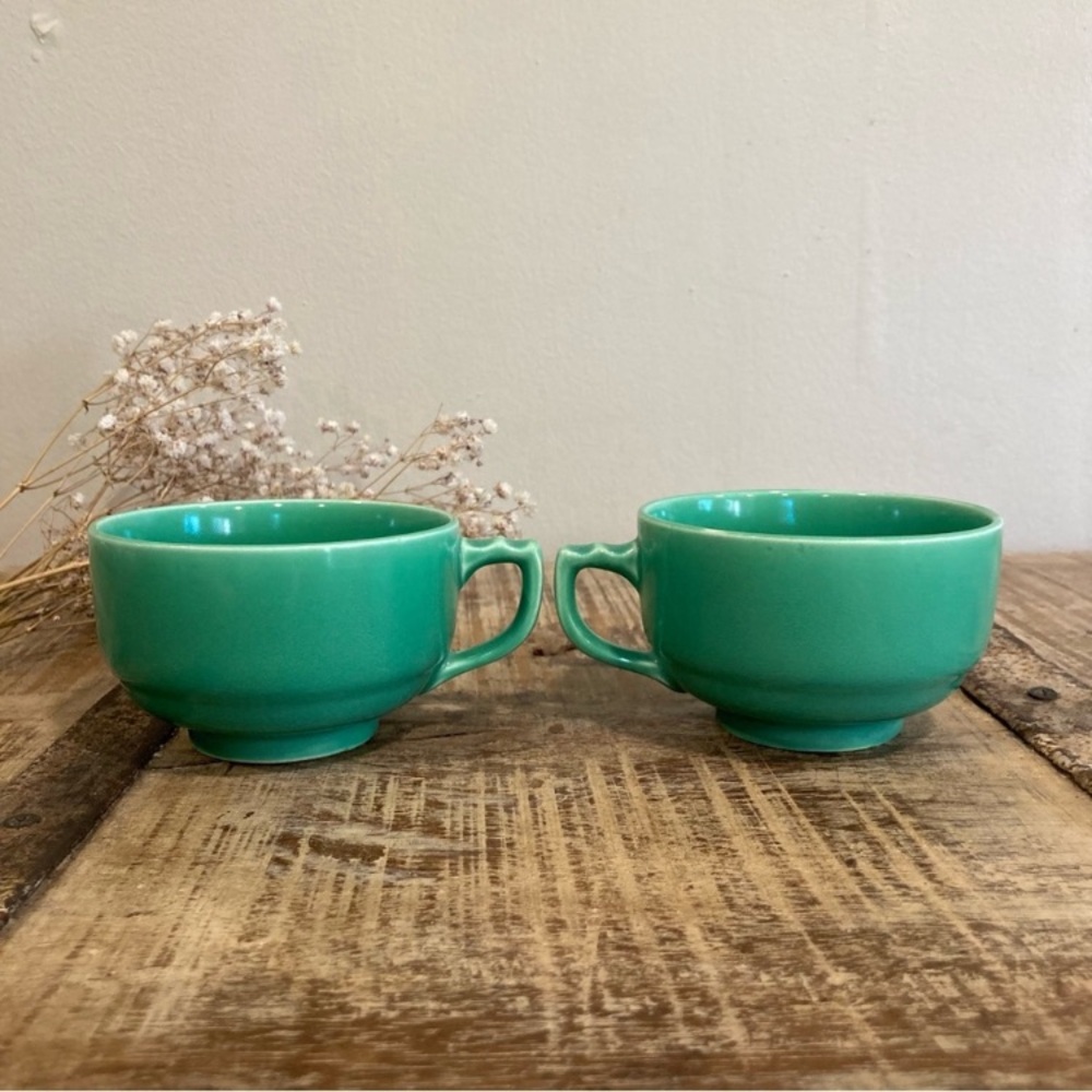 2 Homer Laughlin Riviera Light Green Art Deco Tea Cups Vintage